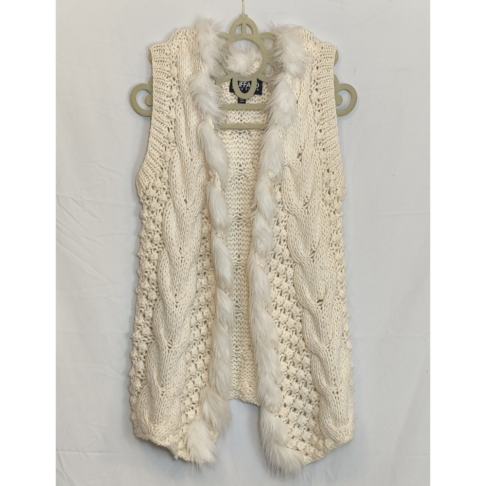 Buffalo David Bitton Beige Chunky Cable Knit Faux Fur Trim Sweater Vest Sz Large
